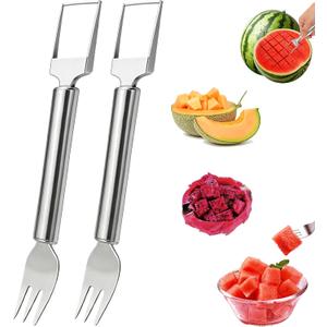 3 x 2-in-1 Dual Head Watermelon Slicer Fork, 304 Stainless Steel Fruit Cube Cutter Tool, 2 Pack