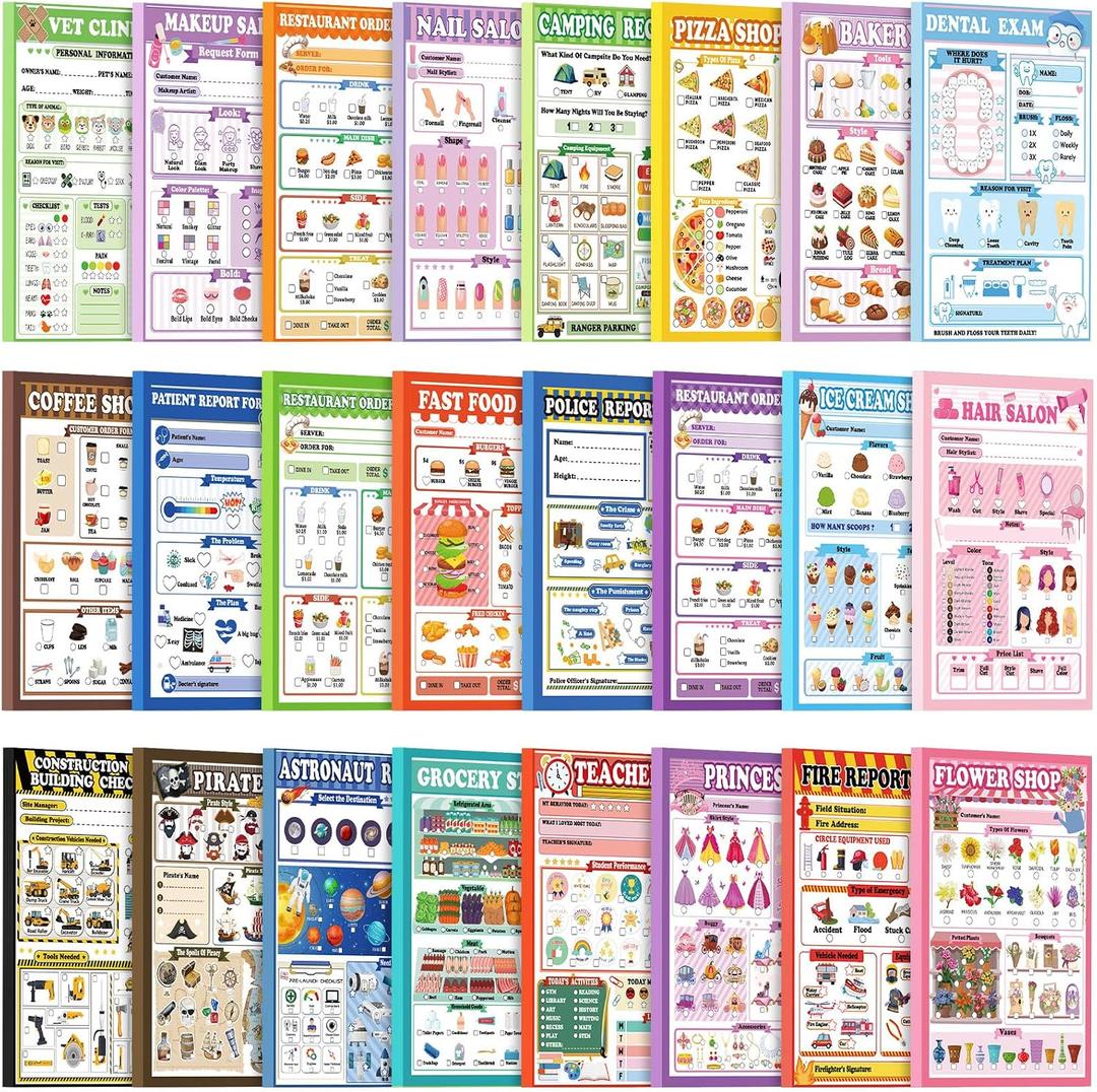 Eaasty Kids Pretend Play Notepads 4 x 6 Inch Playtime Pads for Kids 40 Pages Pretend Notebooks Imaginative Role for Toddlers(24 Pack,Mixed)