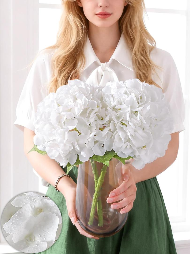 Nubry 2Pcs White Hydrangea Artificial Flowers, 22.5In Latex Faux Real Touch Large Hydrangea Flowers with Long Stems & Leaves for Home Office Decor Wedding Party Arrangements(White)
