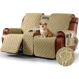 Ruaozz Waterproof Loveseat Recliner Cover with Console Non-Slip Reclining Couch Covers Split Sofa Slipcovers with Elastic Straps Furniture Protector for Kids, Dogs, Pets (Sand, 2 Seater)