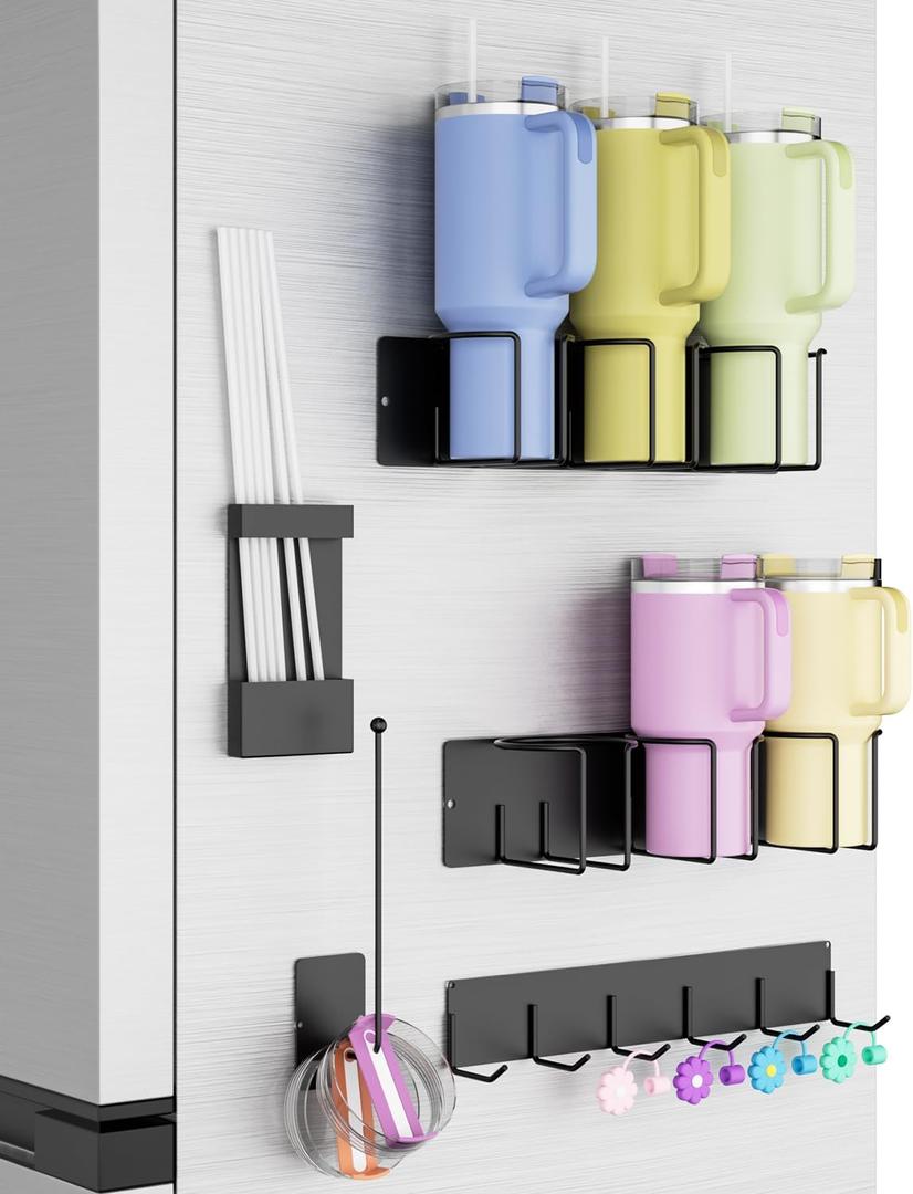 Magnetic Stanley Cup Holder for Fridge, Water Bottle Organizer for Stanley 30/40 oz, 5 Pack Set with Lid Organizer, Straw Rack & Hook, Stanley Cup Accessories, Thoughtful Gift for Tumbler Fans