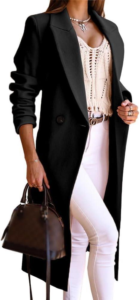 IDEALSANXUN Long Wool Coats for Women Fall Winter Trench Coat Peacoat Double Breasted Blazer Jackets Overcoat (Black, L)