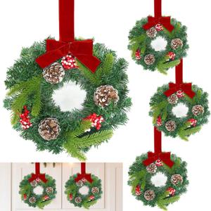 4 Pcs Mini Christmas Wreath for Cabinets Kitchen, 11.5 Inch Small Christmas Wreaths with Christmas Bow & Frosted Berries Pine Tips Pinecones Xmas Hanging Decor for Cabinet Fireplace Windows Indoor