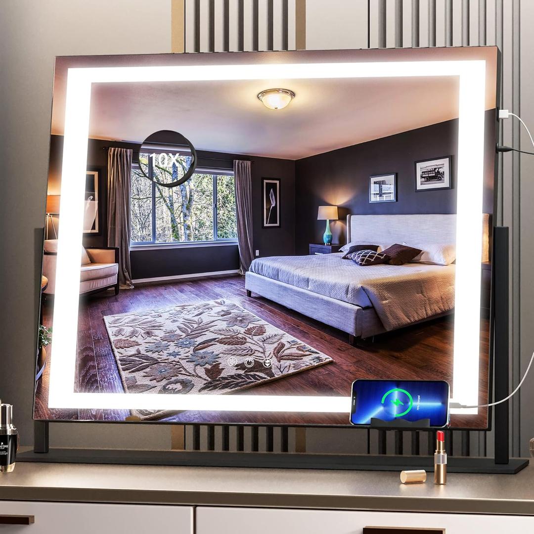 Hasipu Vanity Mirror with Lights, 24.2" x 19.7" LED Makeup Mirror, Light up Mirror with 10X Magnification and USB, Phone Holder, Smart Touch 3 Colors Dimmable, 360 Rotation (Right Angle Black)