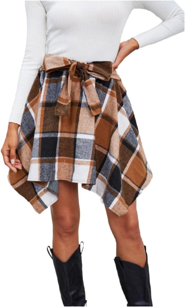 MakeMeChic Women's Plaid Flannel Mini Skirt Bow Tie Front Elastic High Waisted Asymmetrical Fall Winter Skirts (X-Large)