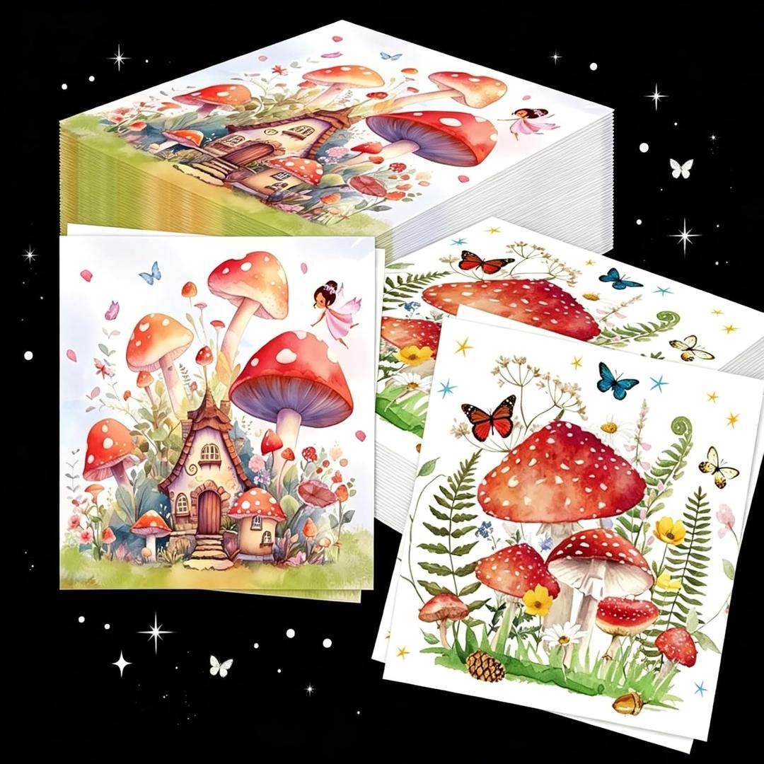 3 x Mushrooms Floral Napkins Disposable Tea Party Fairy Mushrooms Paper Napkins | 44Pcs Tea Party Fairy Mushrooms Paper Napkins Wildflower Fairy Flower Birthday Party Baby Bridal Shower Decorations