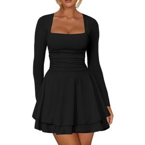 Kaximil Women's Square Neck Ruffle Hem Mini Dress Ruched Waist Long Sleeve Corset Short Party Dresses (Black, L)