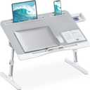HETTHI Laptop Desk for Bed, Adjustable Bed Table with Leather Desktop, Foldable X-Large Laptop Bed Trays with Drawer for Bed Couch Floor Writing Working Reading Eating Painting (Gray, 23.6"15.7")