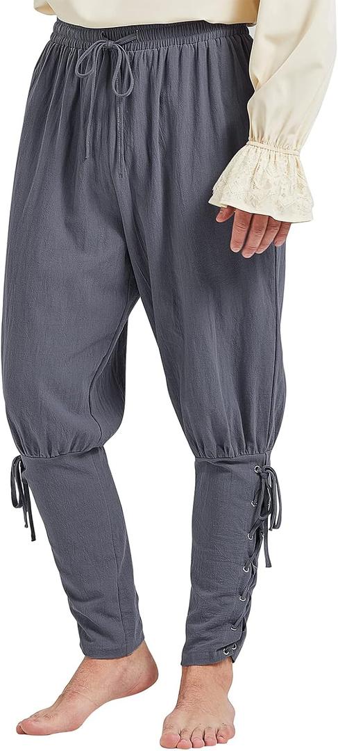 Mens Pirate Pants Ankle Banded Renaissance Pant Medieval Viking Navigator Pants Halloween Costume Cosplay with Drawstrings (Small, Grey)