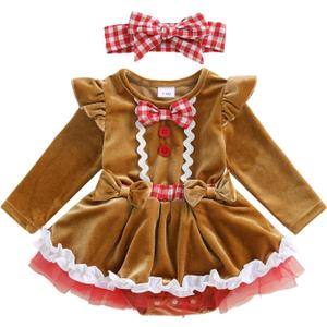 Infant Baby Girl Christmas Outfit Gingerbread Man Costume Long Sleeve Bowknot Lace Trim Velvet Romper Dress (3-6 Months, Brown)