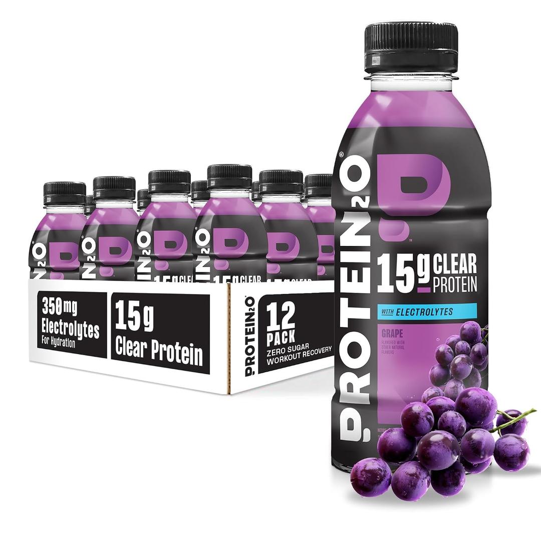 Protein2o 2-in-1 Clear Whey Protein & Electrolyte Beverage, 15g Protein, Gluten-Free, 16.9 fl oz Bottles (12 Count), Grape (EXP 12/25/26)