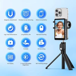Vlog Selfie Monitor Screen iPhone, 4K 60fps Recording, Wireless Screen Mirroring with Remote Control, Magnetic Fixation, 180° Rotation, 3 Levels of Brightness, Compatible with iPhone & Android