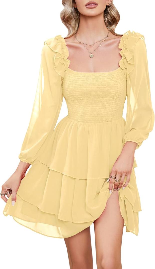 Byinns Women's Smocked Ruffle Mini Dress Square Neck Long Sleeve Party Dress Cute Cottagecore Wedding Guest Dress 2026 Trendy (Yellow, XL)