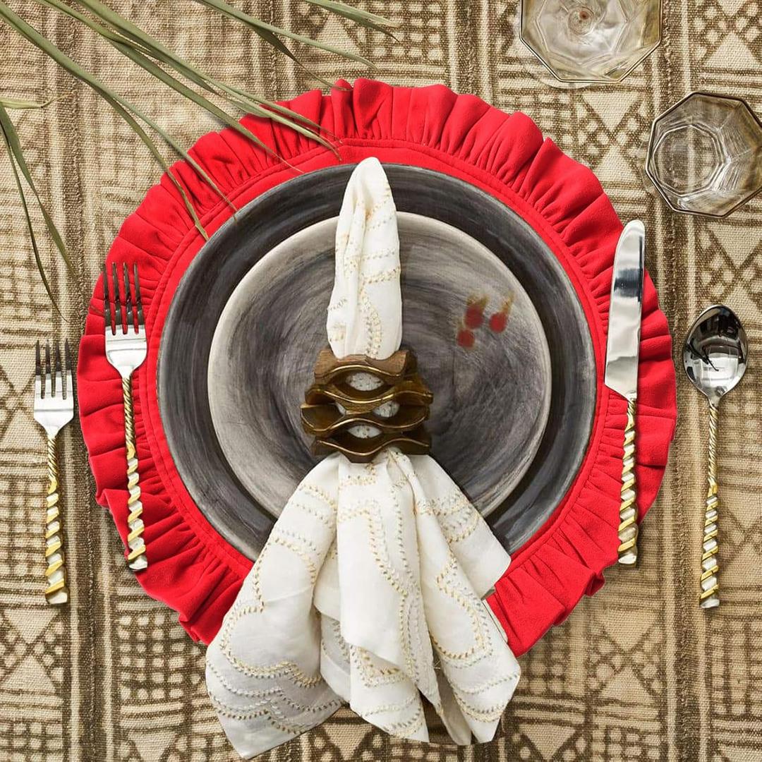 18 Inch Velvet Round Placemat with Ruffle for Dining Table Outdoor Placemats Non-Slip Washable for Gathering, Occasional Decoration and Family Parties Celebrations Set of 4, Red