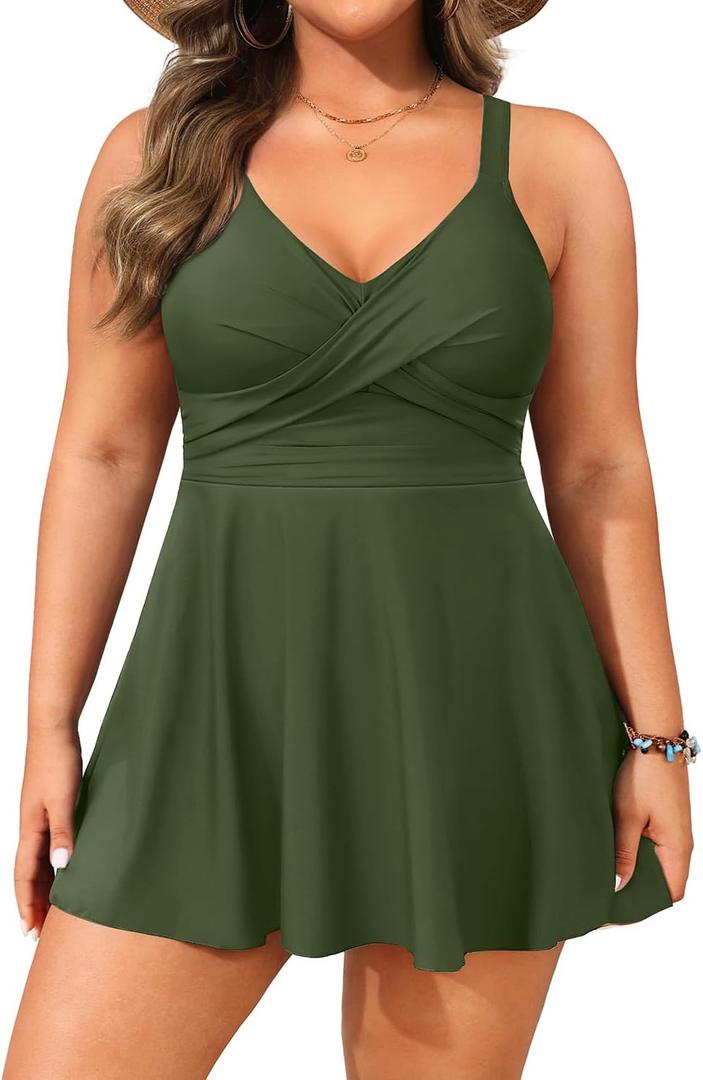 Aqua Eve Plus Size Swim Dress - Two Piece Tankini Swimsuit Tummy Control Bathing Suit with Shorts 2025 (Green, XXL)