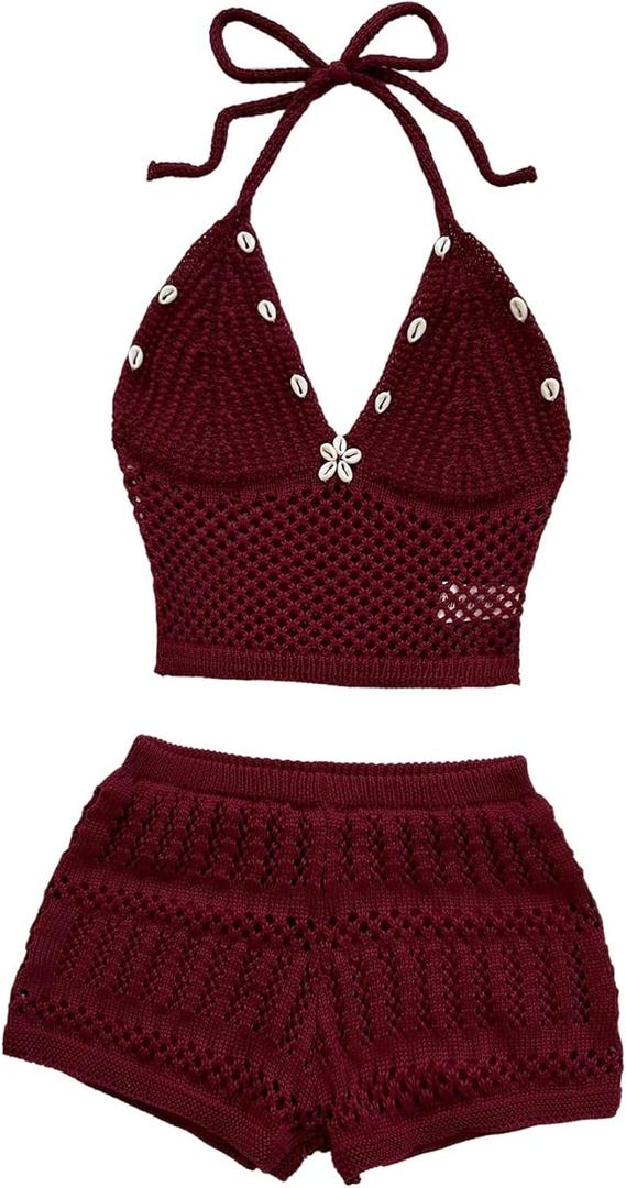 GORGLITTER Women's Summer Vacation Outfits Crochet Knit Halter Crop Tops Mini Shorts Going Out Beach Resort Wear (Red), M