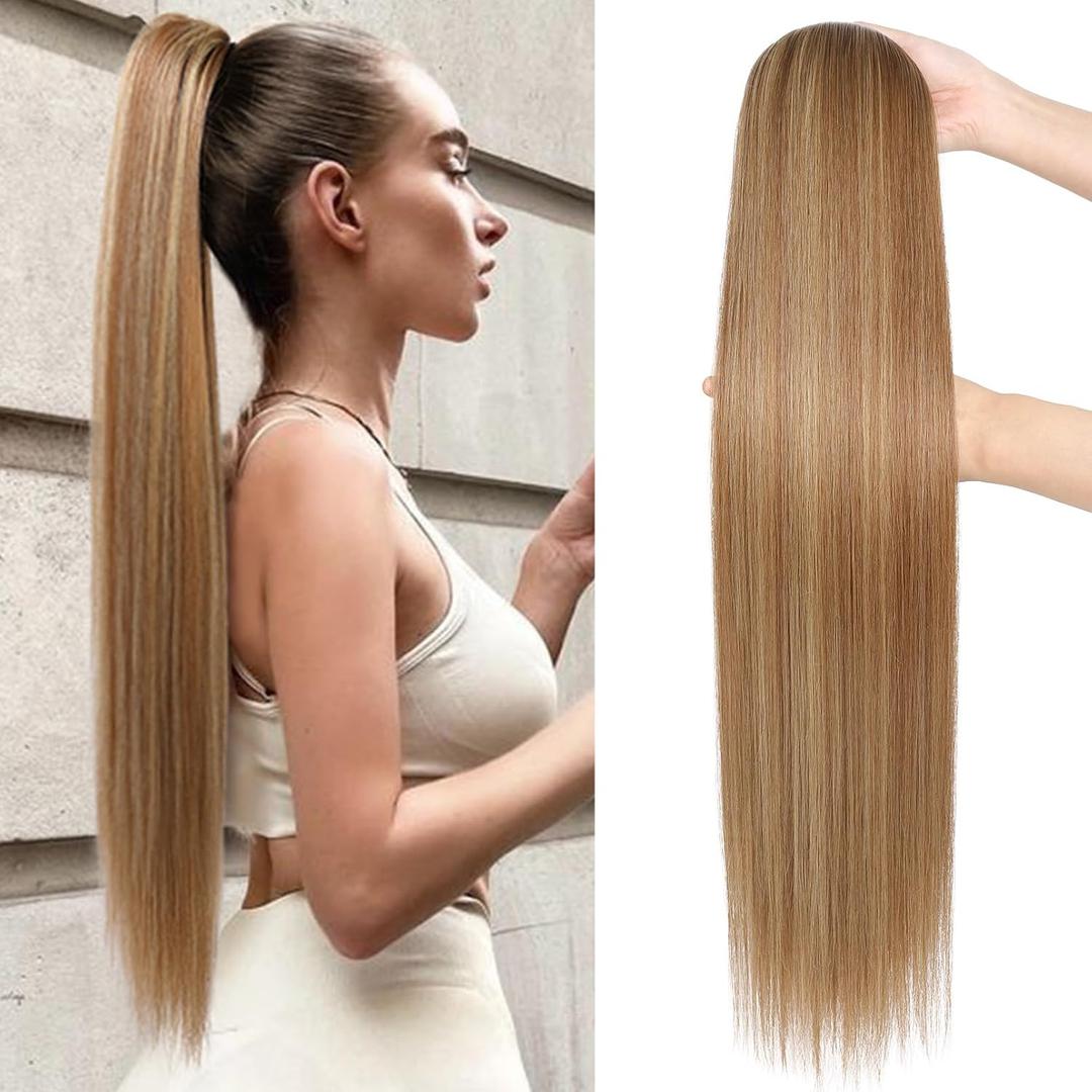 SEIKEA 28" Drawstring Ponytail Extensions Long Straight Fake Pony Tail Natural Soft Clip in Hair Extension Synthetic Heat Resistant Hairpiece - Light Brown with Blonde Highlights