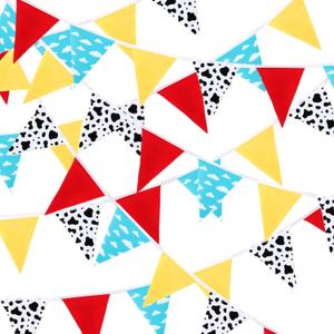 MARFOREVER 28 FT Cartoon Story Party Decorations Blue Sky Cloud Cow Print Fabric Banner Red Blue Yellow Toy Themed Story Pennant Flags for Kids Birthday Baby Shower Inspired Story Party Supplies (Multi Color)