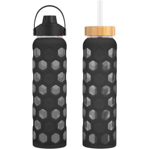 32 oz Glass Water Bottles with 2 Lids - Handle Spout Lid & Bamboo Straw Lid, Motivational Water Tumbler with Time Marker Reminder and Silicone Sleeve, Dishwasher Safe (Carbon Gray-1 Pack)