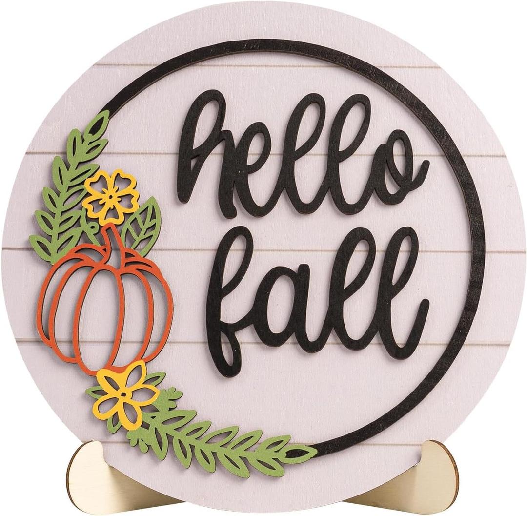 3D Hello Fall Sign, Wooden Autumn Pumpkin Harvest Round Decorative Signage Plaques Decor, Indoor Table Centerpiece Shelf Mantel Desk Thanksgiving Rustic Farmhouse Decorations for Home Office (White)