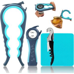 Otstar Jar Opener & Bottle Opener Set for Weak Hands - Multi-Function Kitchen Opener Tool for Seniors with Arthritis, Elderly - Includes Jar Lid Gripper Pad, Corkscrew Opener (Blue and Grey)