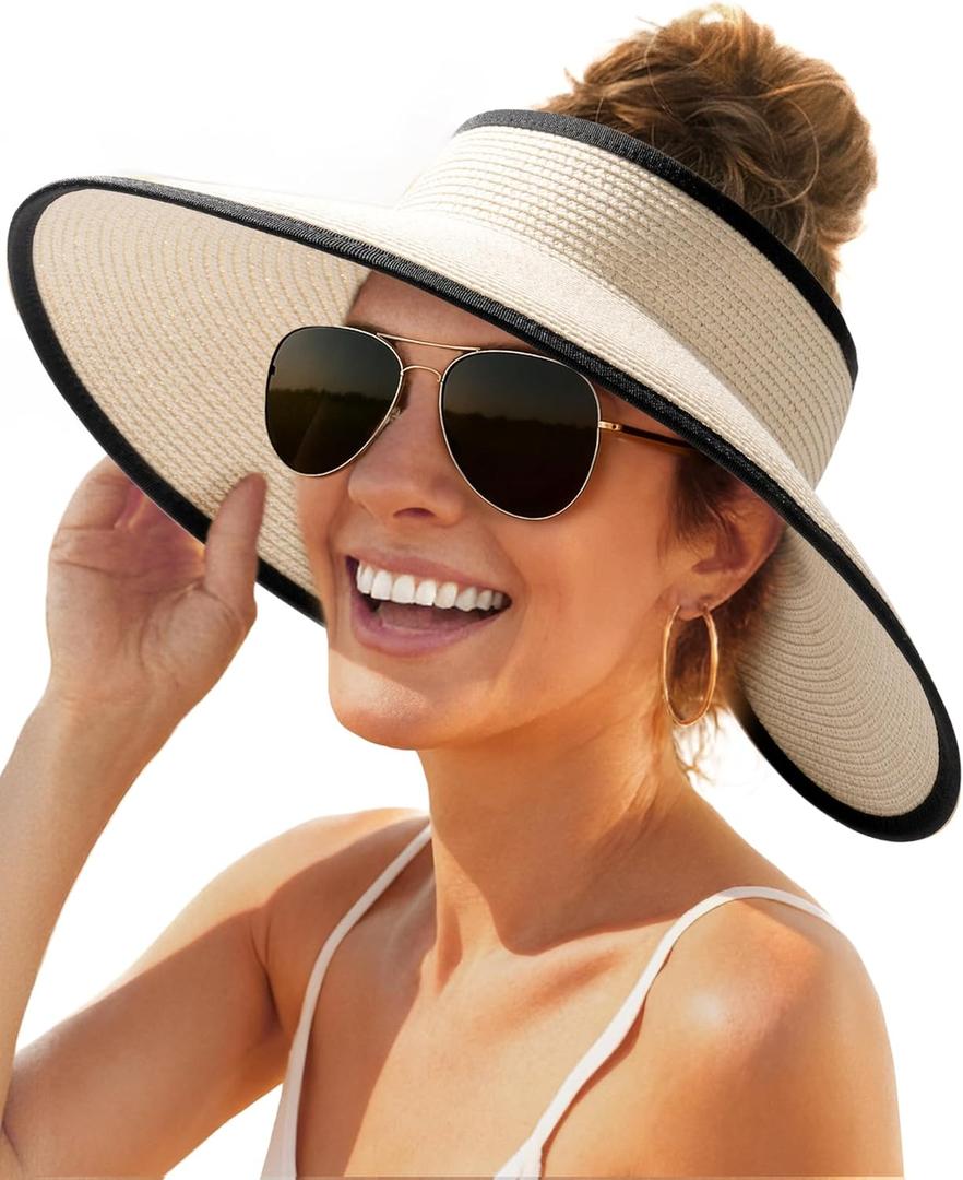 FURTALK Sun Hats for Women Wide Brim Beach Hat Straw Visor Ponytail Summer UV Packable Foldable Beach Vacation Essentials