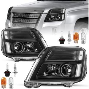 SOCKIR Headlight Assembly Fit for 2010-2015 GMC Terrain SL SLE SLT Halogen Projector Factory OE Style Model Headlamp Replacement Pair LH+RH Black Housing Clear Reflector with All Bulbs
