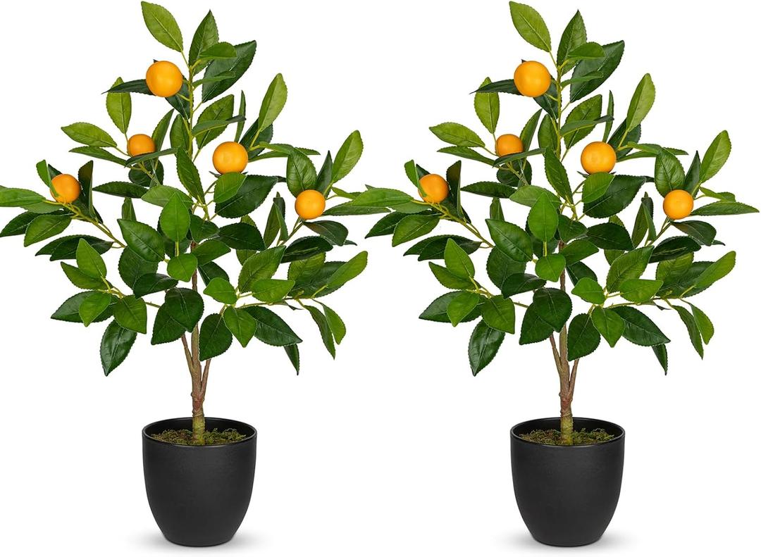 2Ft Artificial Orange Trees, 2 Packs Large Artificial Plants Indoor with Black Pots Faux Potted Citrus Trees Fake Floor Plants Lemon Decorations for Home Living Room Office, Bedroom Table, Desk
