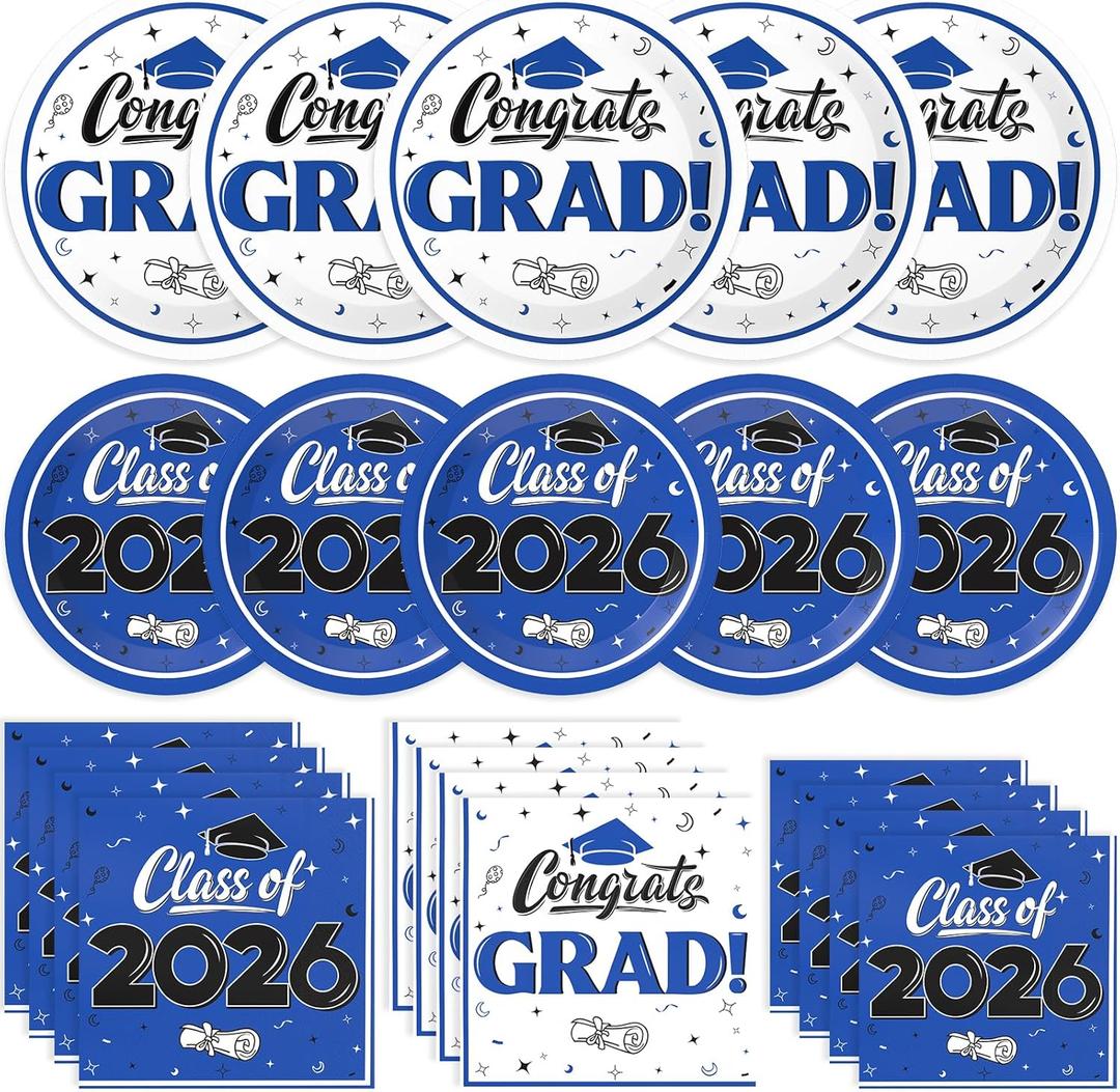 Graduation Decorations 2026, 200 Pcs Class of 2026 Graduation Party Supplies Kit with Paper Plates, Luncheon and Cocktail Napkins, Congrats Grad Decorations for 50 Guests (Blue)