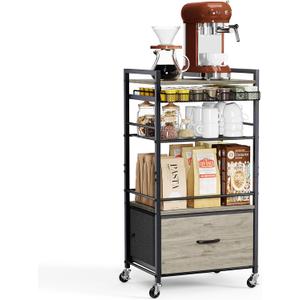 Coffee Bar Cabinet with Storage5 Tier Coffee Station Table on Wheels, 33.6" H Cart with Drawer for Home Kitchen, Liquor Buffet Sideboard Cabinet (Black)
