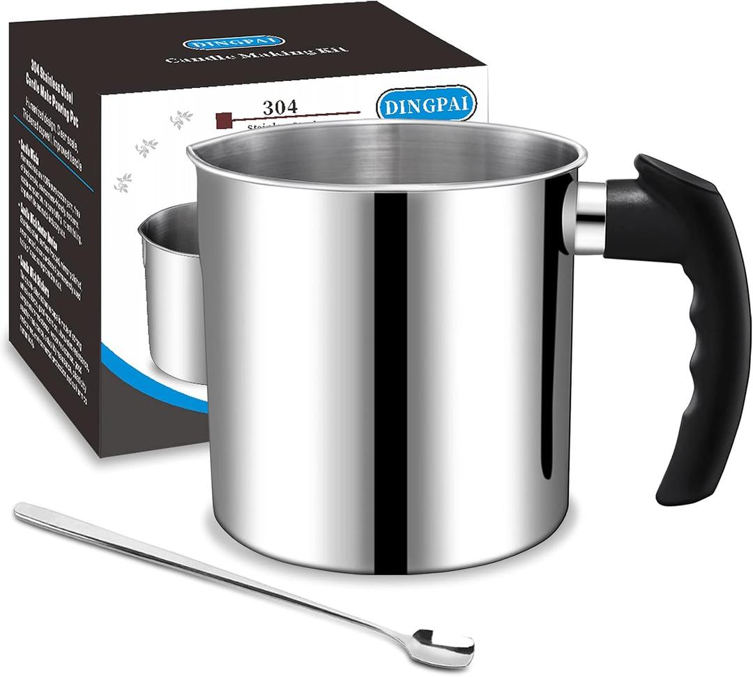 Candle Making Pouring Pot, DINGPAI 44oz Double Boiler Wax Melting Pot, 1pc Spoon, 304 Stainless Steel Candle Making Pitcher, Silver Color with Heat-Resistant Handle and Dripless Pouring Spout Design