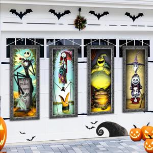 4 Packs Jack Sally Banners Porch Signs Halloween Decor Christmas Nightmare Hanging Vintage Banner Halloween Decorations Outdoor Horror Poster for Indoor Stretching Portraits Before Party Banner Wall Art Wallpaper