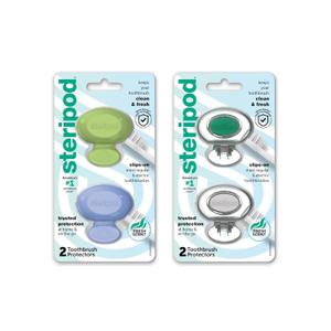 Steripod Clip-On Toothbrush Protector, Keeps Toothbrush Fresh and Clean, Fits Most Manual and Electric Toothbrushes, Blue, Green, Clear, 4 Count