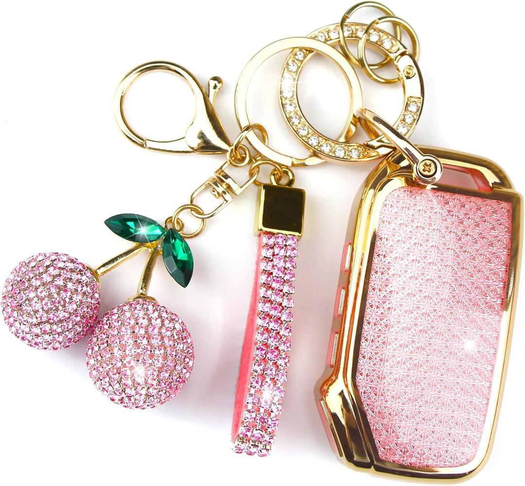Sparkly Key Fob Cover with Cherry Keychain, Bling TPU Smart Key Case for Women, Compatible with Kia Cadenza Forte K5 NIRO Rio Seltos Sorento Soul Sportage Telluride (5-Button, Gold Pink)