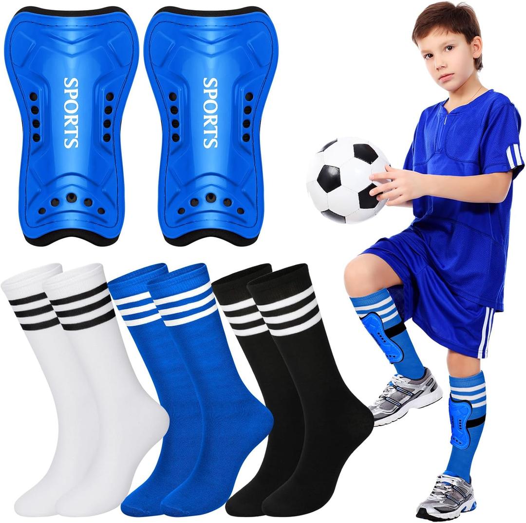 Liliful 4 Pcs Soccer Shin Guards Set for Girl Kids Youth Include 1 Shin Guards & 3 Sport Socks Protective Lightweight Gear Leg Pads Gear for 3-15 Girls Boy Children Teens (Small, Blue)