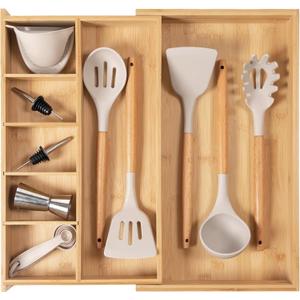 Adjustable Kitchen Drawer Organizer for Utensils and Junk, Food-Safe Contract Grade with 100% Sustainable Wood, Expandable from 10.5 to 19 Inches Wide - Natural Bamboo