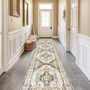 2x10 Area Rug Vintage Machine Washable Low Pile Carpet No Shedding Area Rugs for Living Room Bedroom Dining Room Kitchen Entryway Hallway Office Indoor-Grey/Yellow