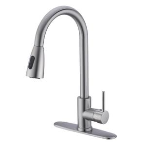 Kmeino Kitchen Faucet with Pull Down Sprayer Polished Chrome, High Arc Single Handle RV Bar Faucet Stainless Steel Kitchen Sink Faucet with Deck Plate for Modern Kitchen Upgrade