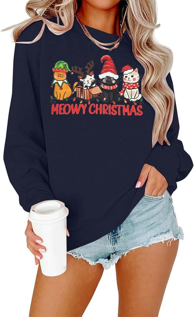 KIMSOONG Christmas Sweatshirts for Women Merry and Bright Santa Print Xmas Sweatshirt Crewneck Pullover Shirts (Blue, XL)