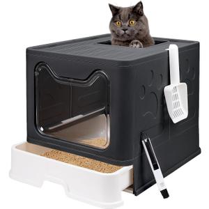 Foldable Cat Litter Box with Lid, Enclosed Potty, Large Top Entry Anti-Splashing Toilet, Easy to Clean Including Litter Scoop and 2-in-1 Cleaning Brush (Black)