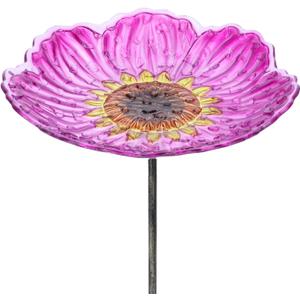 MUMTOP Glass Bird Baths for Outdoors, 12 Inch Bird Bath Bowl with Metal Stake Sunflower Bird Feeders for Garden and Patio Decor (Pink)