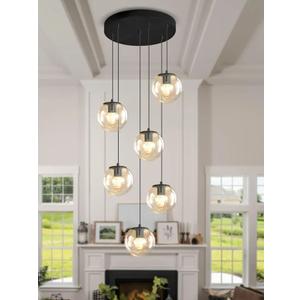 6-Light LED Staircase Modern Glass Globe Pendant Light Large Chandeliers for High Ceilings, Entryway Lighting Fixture Villas and Stairs (Black-Clear)