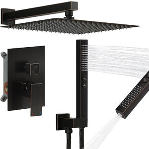 RUMOSE Oil Rubbed Bronze Rainfall Shower System 12 Inch High Pressure Square Shower Head with 2 in 1 Handheld Spray Wall Mount Brass Bathroom Shower Faucet Set with cUPC Certified Rough-in Valve