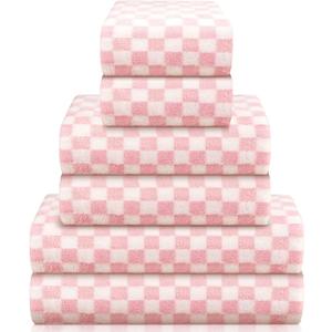 Kinlop 6 Pcs Checkered Bath Towels Set Coral Washcloth Soft Fleece Quick Dry Patterned Hand Towel for Bathroom Back to School Gym Spa Beach Accessories(Pink,Checkered)