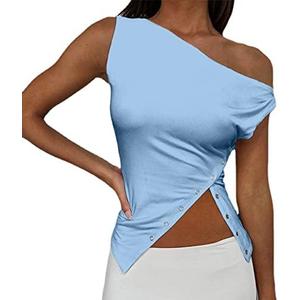 SAFRISIOR Women One Shoulder Button Sexy Crop Top Solid Sleeveless Off Shoulder Asymmetric Crop Tank Top Vest Tee Shirt, M