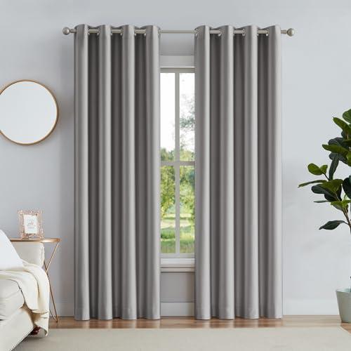 Melodieux Grey Blackout Curtains 63 Inch Length for Bedroom, Thermal Insulated Energy Saving Grommet Embossed Satin Drapes with Black Lining, 52 by 63 Inch, 2 Panels