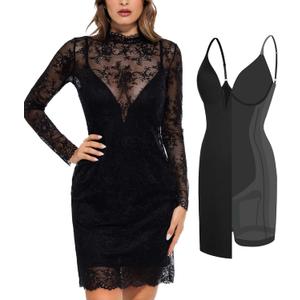 Popilush Lace Long Sleeve Dress - Shapewear Formal Mother of Bride Dresses Sheer Mesh Wedding Guest Mini Dress for Women (Medium, Black)