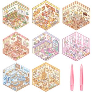 8 Sets DIY 3D House Stickers, 3D Sticker Scene Miniature Scene Stickers, Cute Cartoon Sticker for Adults Kids, Make Your Own Fun Room Book