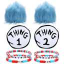 6Pcs Blue Fluffy Wigs Costume Set Thing Bracelets Iron on Patches Book Character Costume for Reading Week Halloween Theme Parties