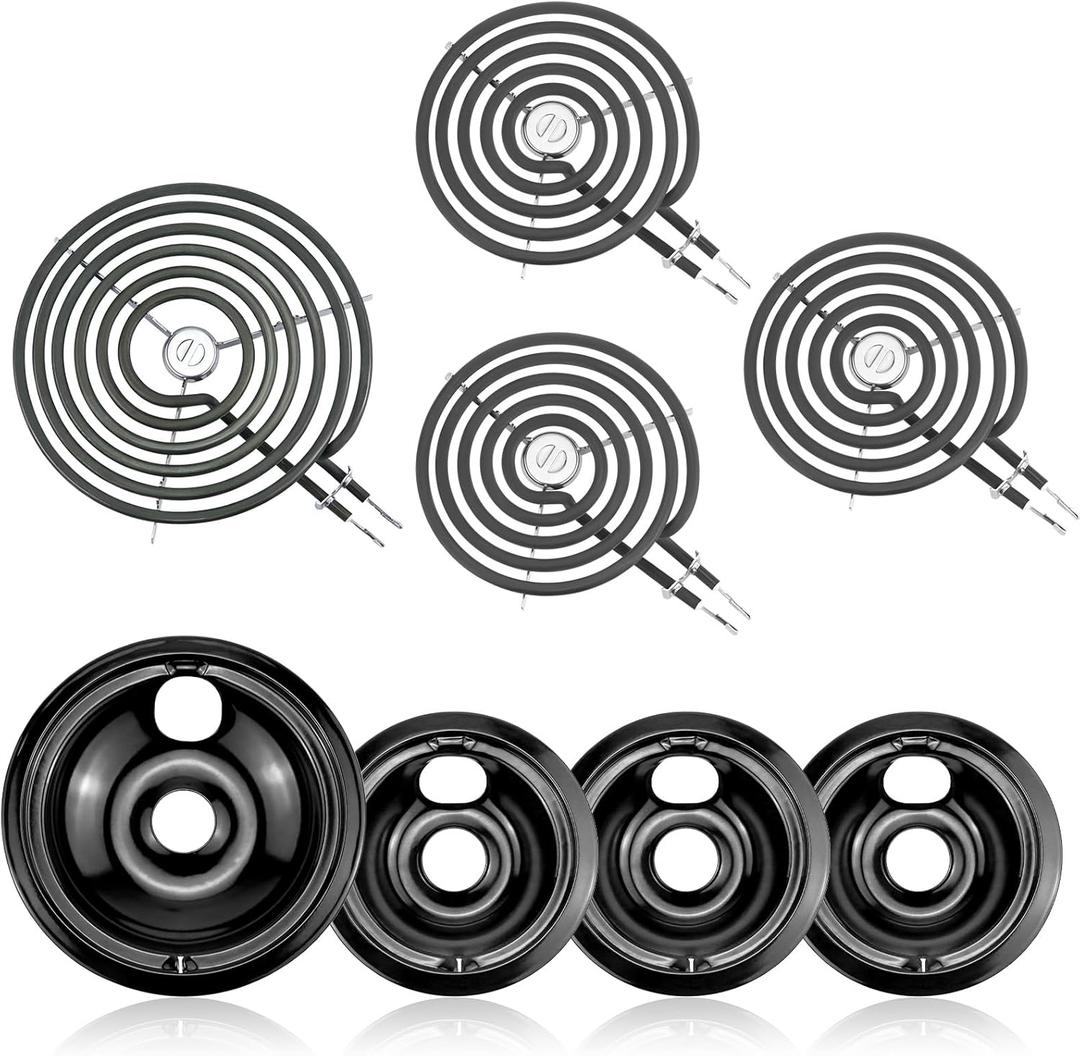 Electric Stove Burner Drip Pans WB31M19(8) WB31M20(6) Electric Stove Top Burner Replacement WB30M1(6") WB30M2(8") Compatible for G-E Hot-point Ken-more General Electric Stove Parts by MIFLUS (Black Drip Pans 1*8in 3*6in and Stove Burner 1*8in 3*6in)
